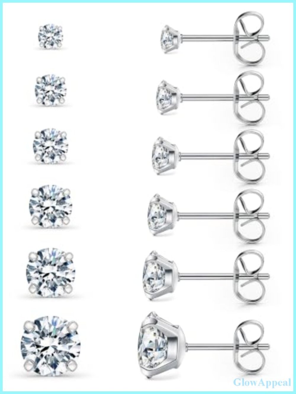 6 Pairs Cubic Zirconia Stud Earrings Set Hypoallergenic 316L Stainless Steel